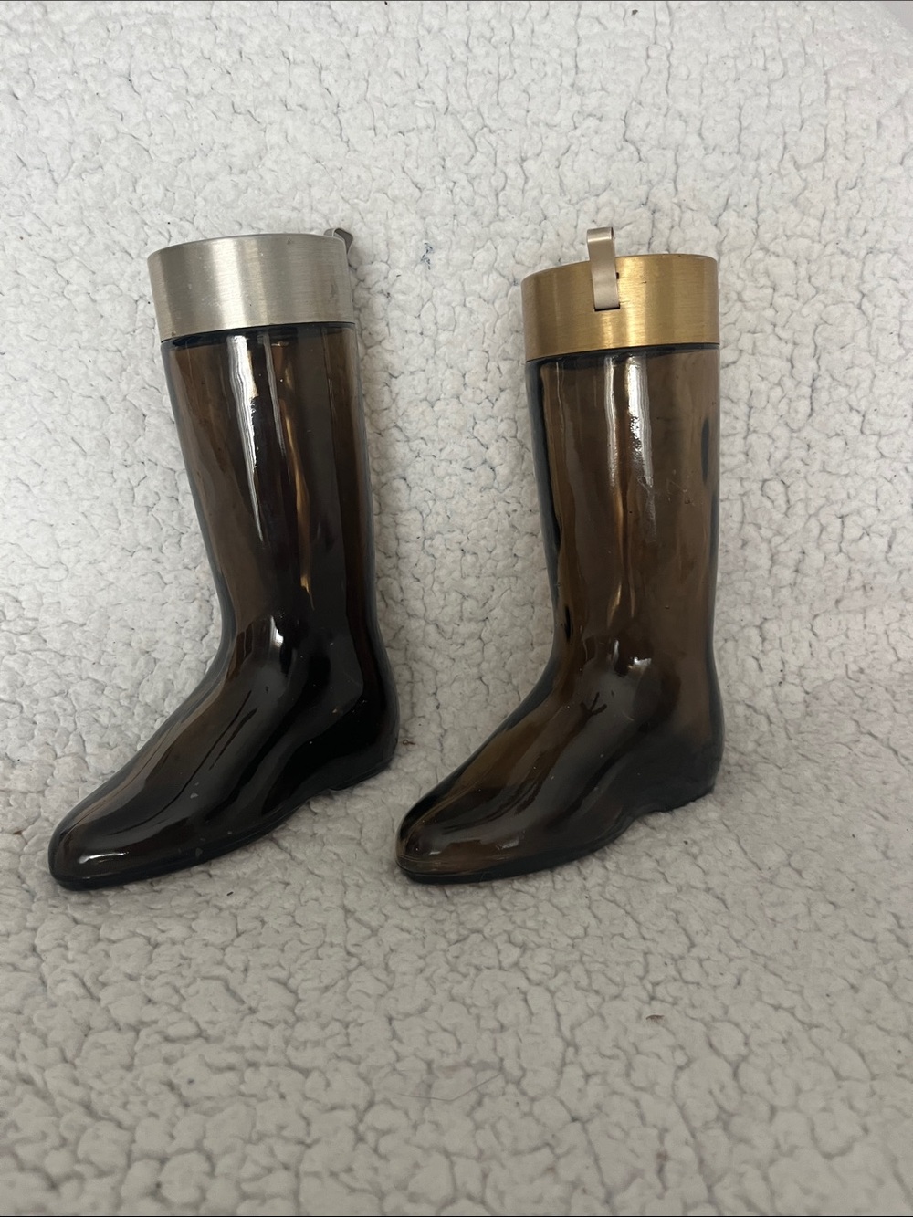 English Riding Boots cologne decanters in Amber Color with Metallic Accents